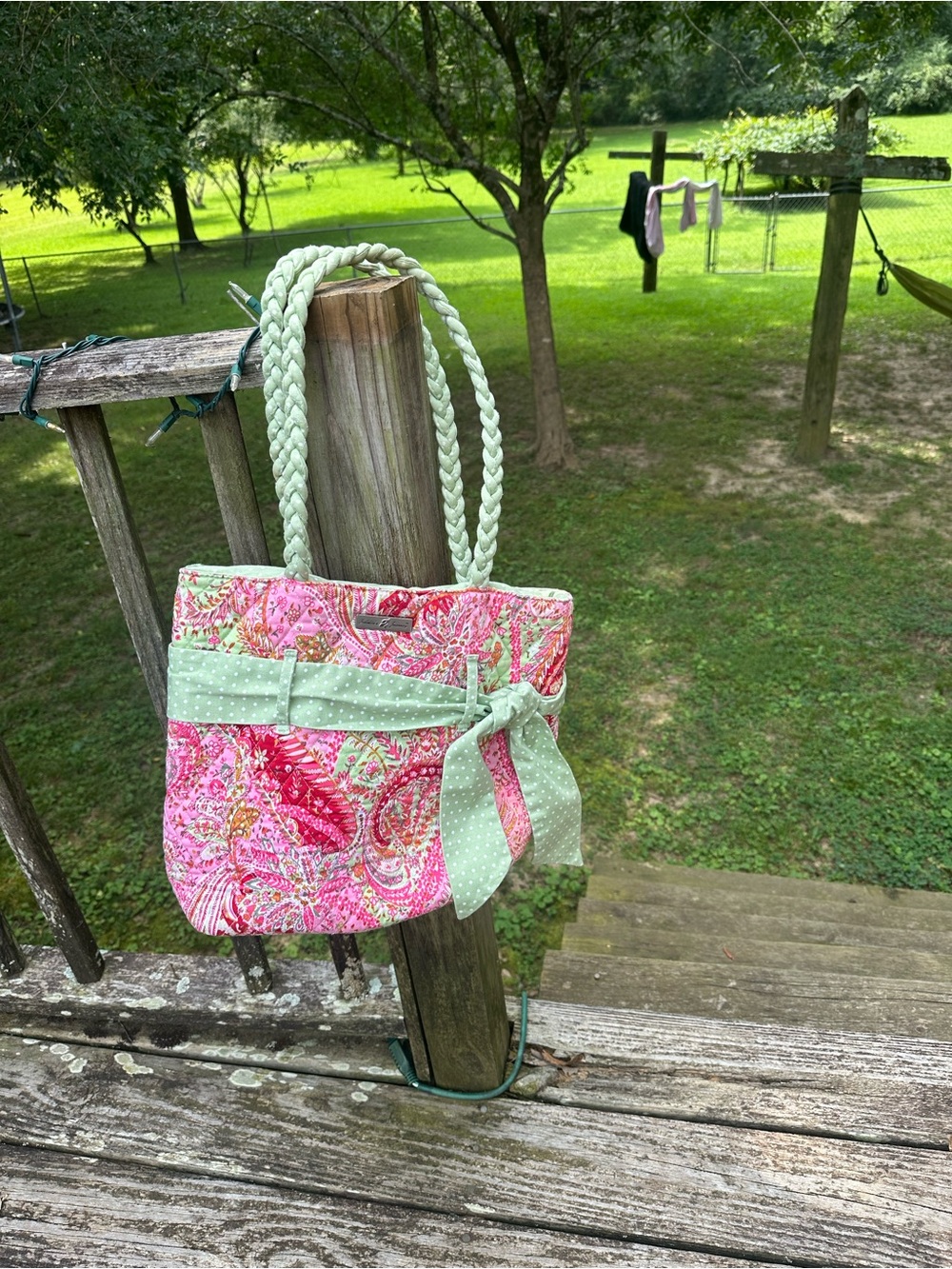 Quilted Pink Paisley Tote with Mint Bow